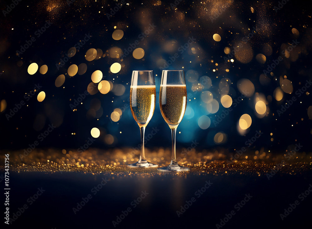 Poster Two champagne flutes filled with sparkling wine stand on a table with gold glitter against a dark background with golden bokeh.