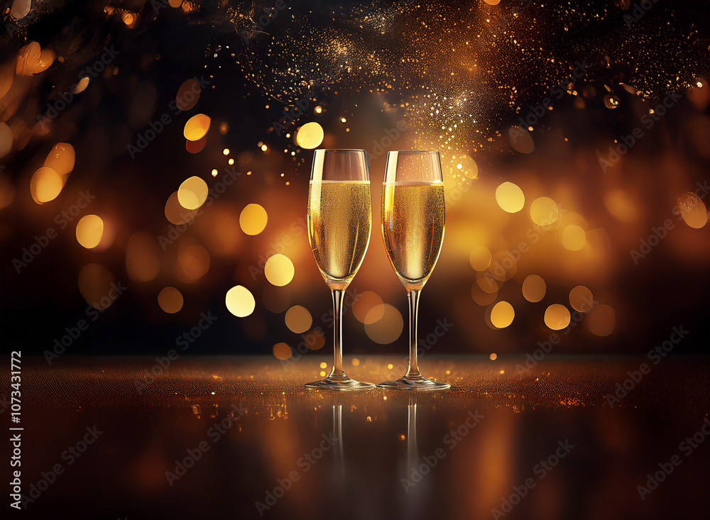 Poster two champagne flutes filled with golden sparkling wine sit on a dark surface with a soft glow of lig