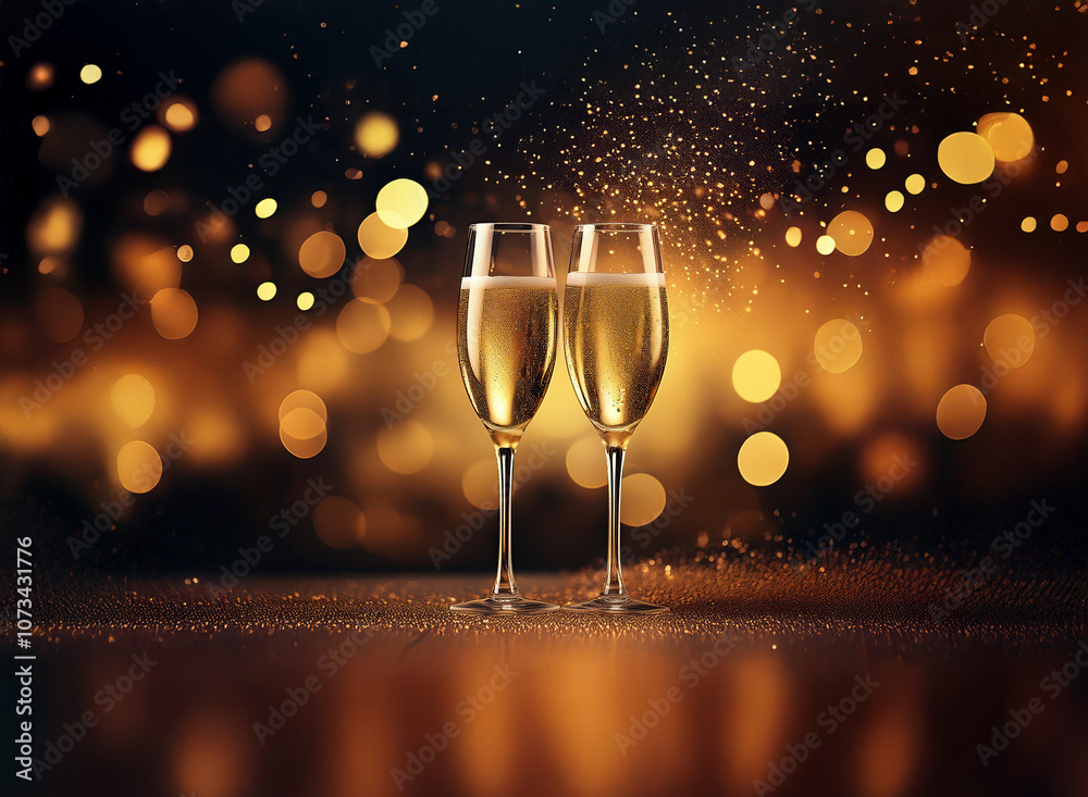 Poster Two champagne flutes filled with sparkling wine sit on a table with a bokeh background of sparkling lights.