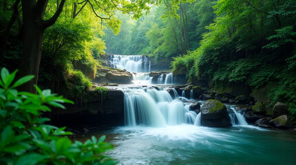 Cascading waterfall flowing through lush green forest