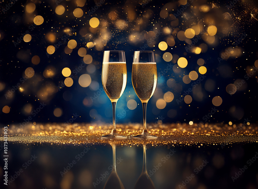Poster Two champagne flutes filled with bubbly sit on a table with gold glitter and a bokeh background.