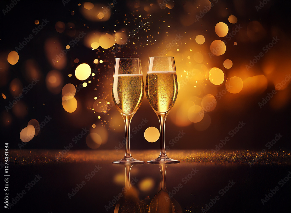 Poster two champagne flutes filled with sparkling wine sit on a dark, shimmering surface. the background is