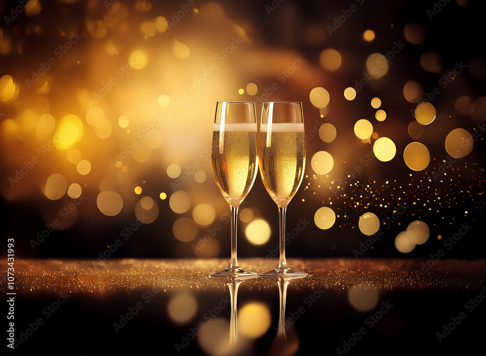 Poster two champagne flutes filled with bubbly are displayed against a bokeh background of warm, golden lig