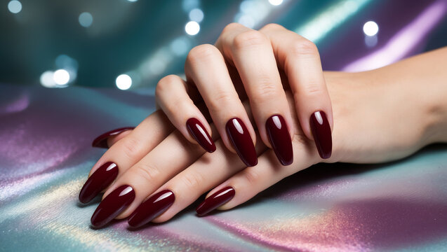 Woman showing long polished fingernails with copy space banner background