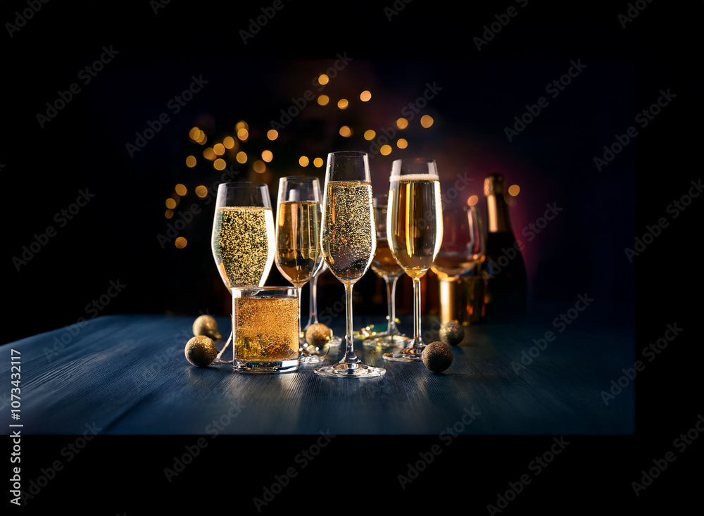 Poster a group of champagne flutes filled with sparkling wine stand on a dark wood surface, with a bottle o