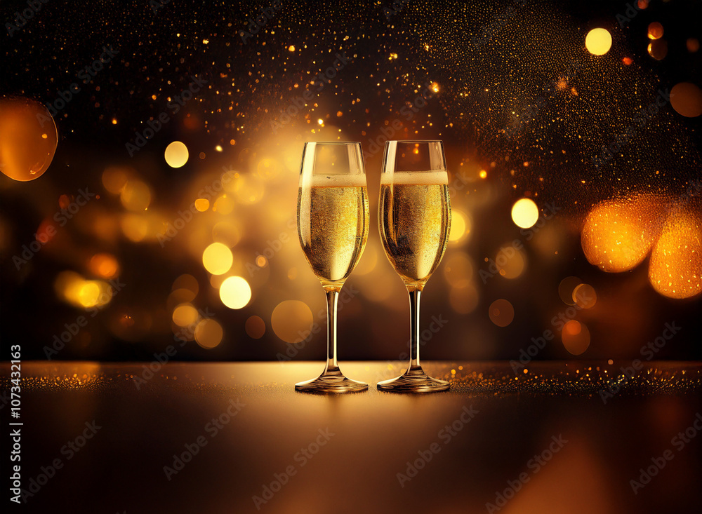 Poster Two champagne flutes filled with sparkling wine sit on a table in front of a blurred background of golden lights.