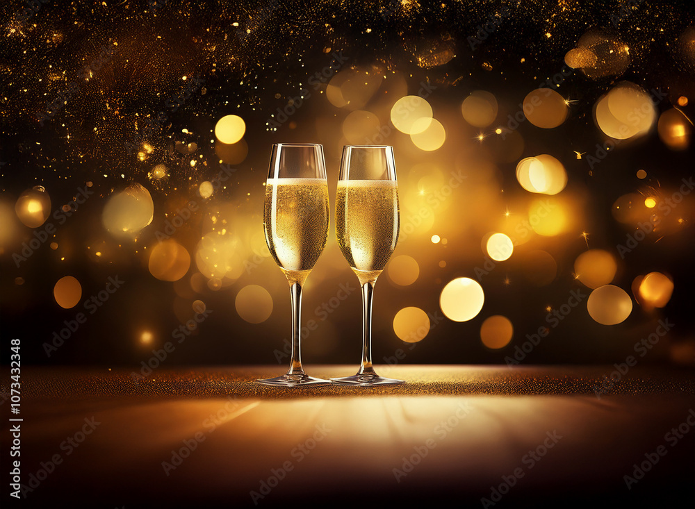 Poster Two champagne flutes filled with sparkling wine on a wooden table with a golden bokeh background.