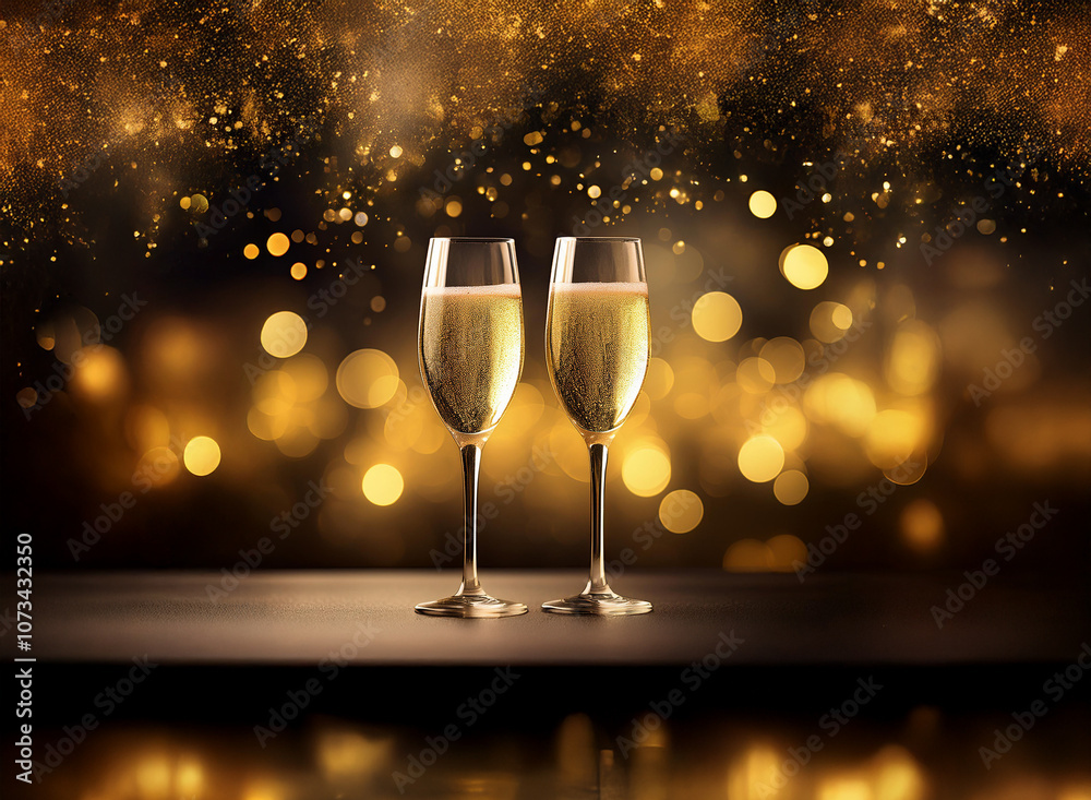Poster two champagne flutes filled with bubbly stand on a dark surface against a background of twinkling li