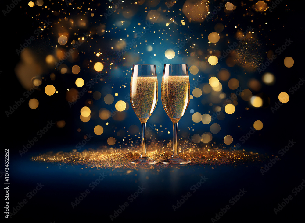 Poster two champagne flutes filled with bubbly stand side by side against a dark blue background, sparkling