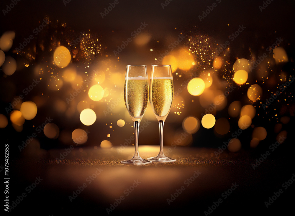Poster Two champagne flutes filled with sparkling wine sit on a dark surface with a backdrop of sparkling golden lights.