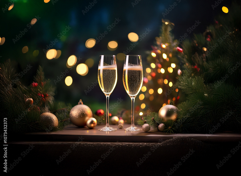 Poster two champagne flutes filled with sparkling wine sit on a wooden surface, surrounded by christmas orn