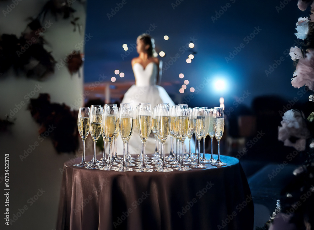 Poster A table with champagne flutes sits in the foreground with a bride standing in the background.