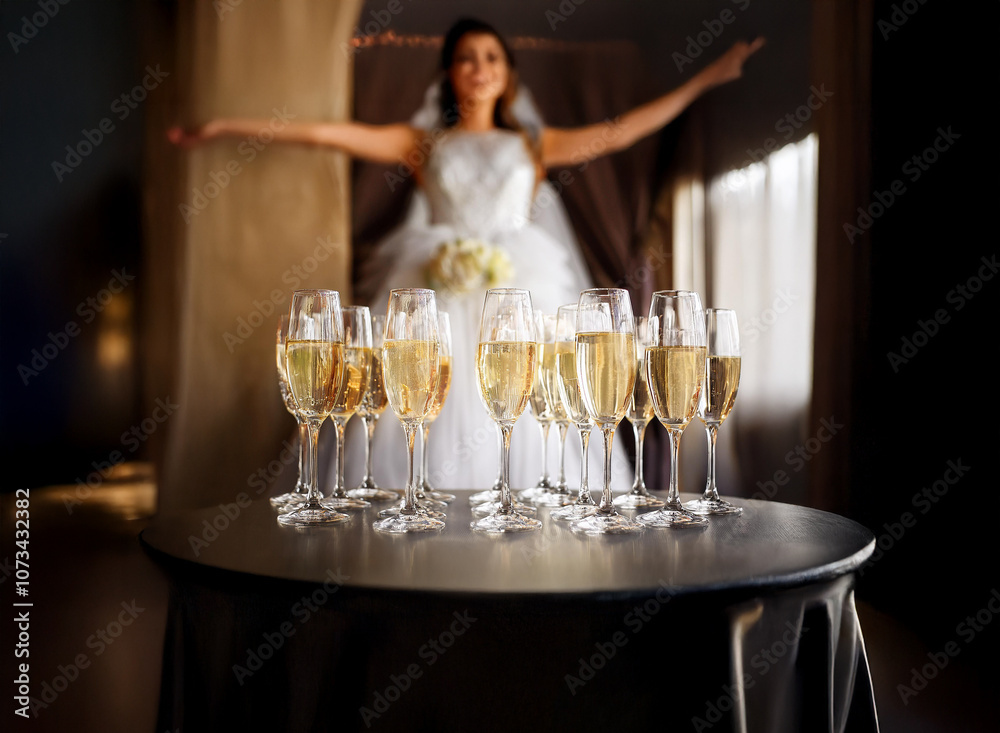Poster A table with champagne flutes filled with sparkling wine sits in the foreground, with a blurred bride in a white gown standing behind.
