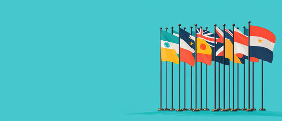A colorful display of flags from various countries arranged in a row against a teal background.