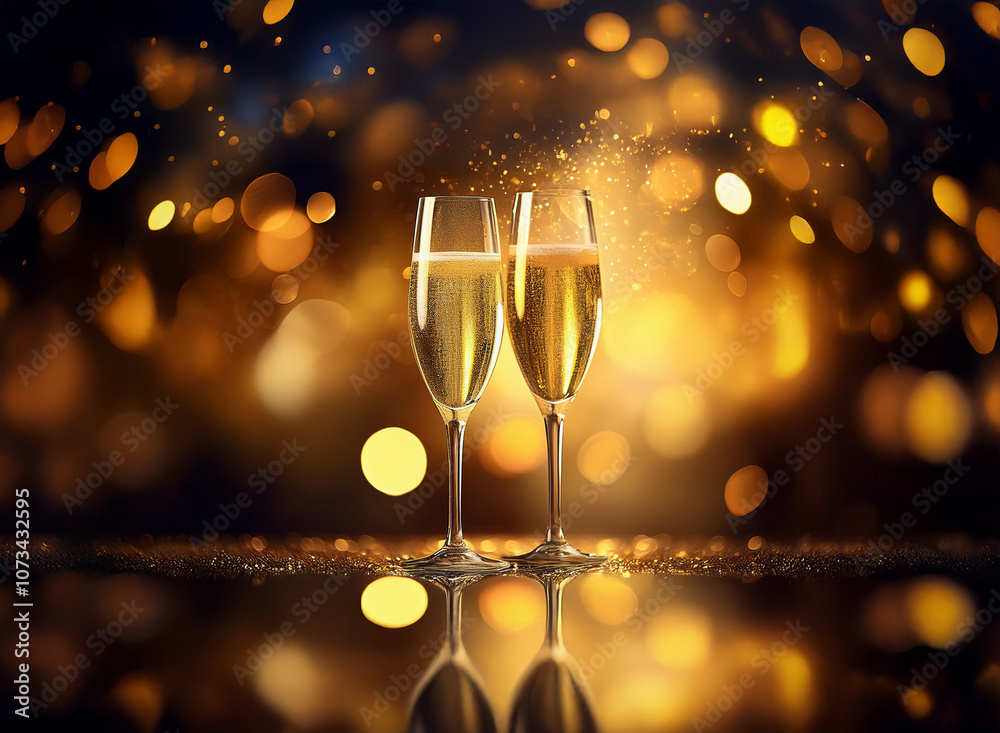 Poster Two champagne flutes filled with sparkling wine sit on a table in front of a shimmering golden background.