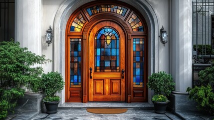 Luxury front door with stained glass inserts, isolated on a transparent background.