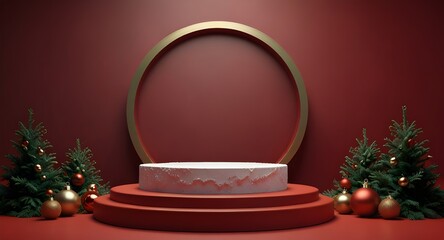 red background displays empty round podium amidst festive christmas decorations