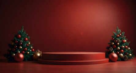 red background displays empty round podium amidst festive christmas decorations