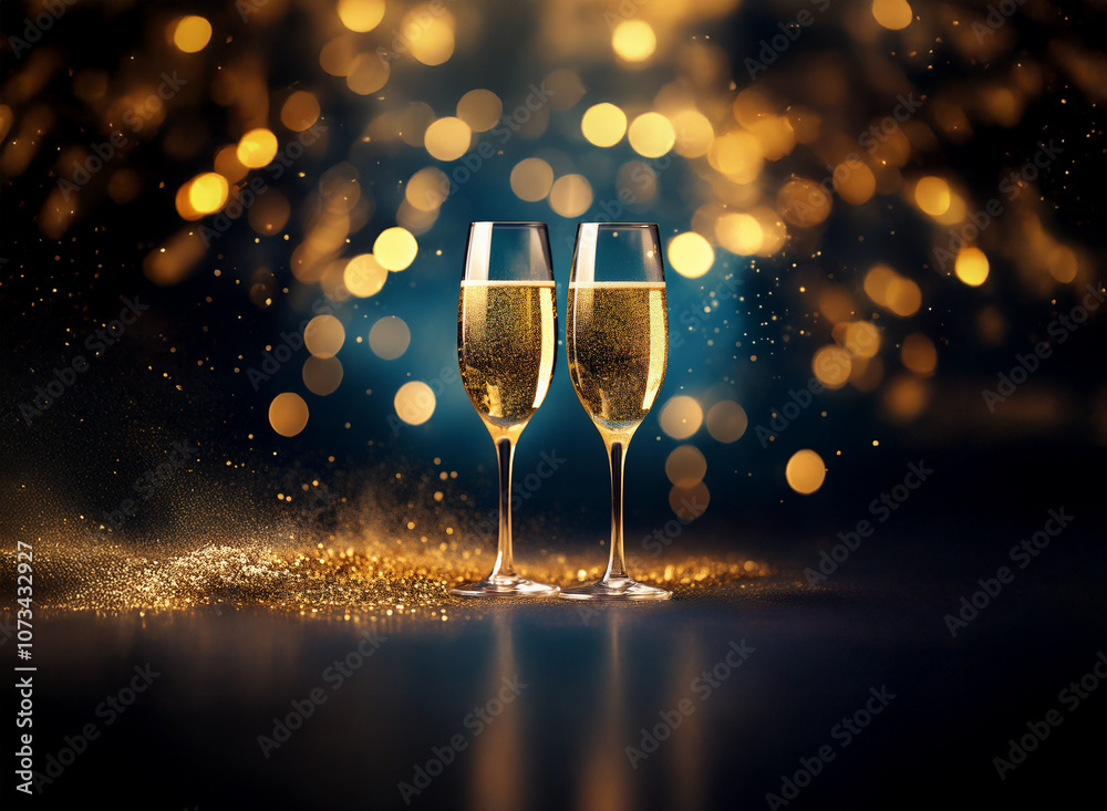 Poster Two champagne flutes filled with sparkling wine stand on a surface covered with gold glitter against a dark blue background with gold bokeh lights.