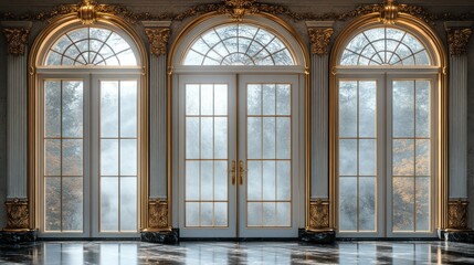 Luxury glass door with frosted glass panels and gold accents, isolated on a transparent background.