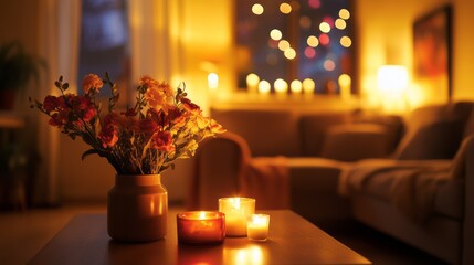Flowers and Candles on a Table in a Dimly Lit Living Room