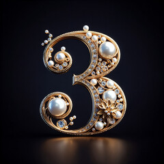 3. Number three in the form of a luxurious openwork jewelry made of gold, decorated with precious stones, diamonds and pearls. On a black background.