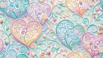 Fototapeta premium Whimsical Hearts Intertwined in a Kaleidoscope of Pastel Hues and Delicate Floral Designs