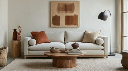 A Modern Living Room with a White Sofa, Wooden Coffee Table, and Abstract Art