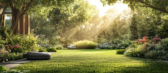 Fototapeta premium A robotic lawnmower cutting grass in a lush green garden on a sunny day.