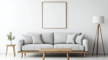 Minimalist Living Room with a Grey Sofa, Wooden Furniture, and a Floor Lamp
