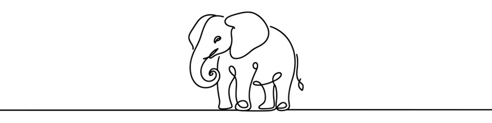 One continuous line illustration of an elephant, isolated on white background. Line art of elephant.