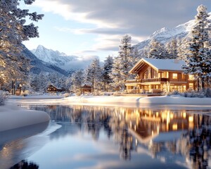 Fototapeta premium Create a Serene Winter Scene with Snow-Capped Mountains and Pine Trees in a Tranquil Landscape for Nature and Travel Photography