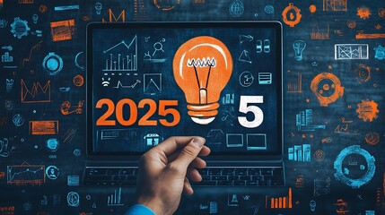 Businessman hand holding a light bulb with a text 2025, 2025 business glowing idea light bulb