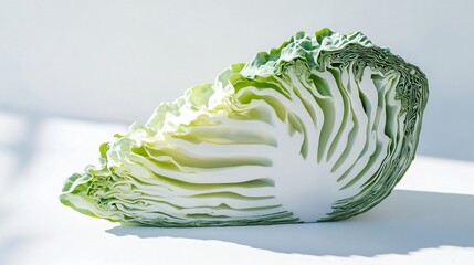 Obraz premium Cabbage wedge with vibrant green and white layers, isolated on a minimalist white background with light shadows