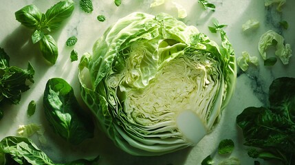 Obraz premium Cut cabbage in abstract shapes, isolated on a stone background with vibrant green herbs as accents