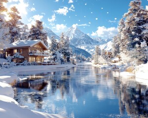 Fototapeta premium Create a Serene Winter Scene in a Majestic Mountain Landscape with Snow-Covered Peaks and Tranquil Atmosphere for Holiday and Seasonal Decor