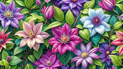 Fototapeta premium A symphony of delicate clematis flowers, blooming endlessly in a seamless design.