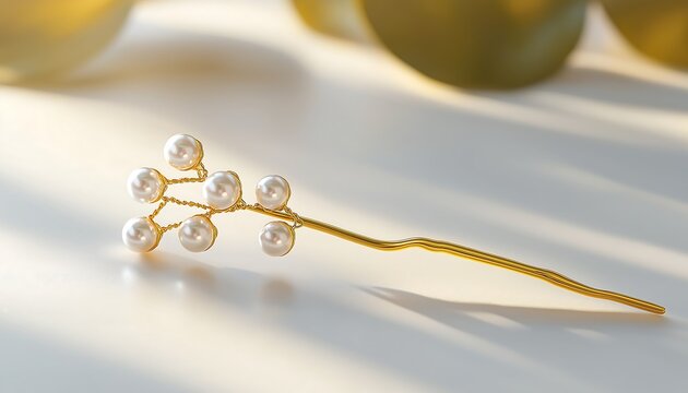 A stylish gold hairpin with embedded pearls, positioned on a clean white surface