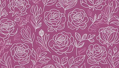 Seamless outlined rose and petal pattern with fuchsia background