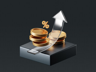 Money rise percentage interest increase finance value on 3d background with growth financial business profit economy rate concept. Up arrow wealth coin stack raise value sale price banking strategy.