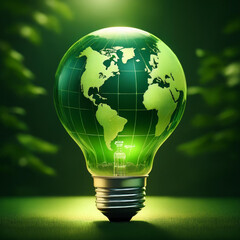 Green energy light bulb with the world map globe inside 