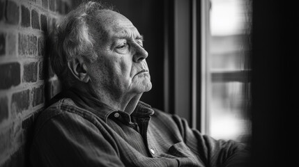 Reflective Senior Man Gazing Out Window in Black and White Portrait