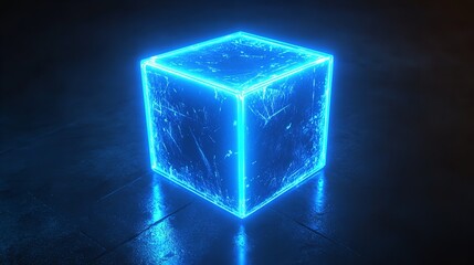 A Glowing Blue Neon Cube Representing a Futuristic Box or Block

