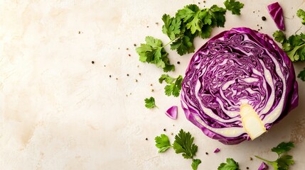 Obraz premium Head of purple cabbage partially sliced, isolated on a smooth cream background with a sprig of cilantro
