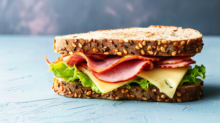 Tasty sandwich featuring ham, cheese, fresh lettuce stacked between bread