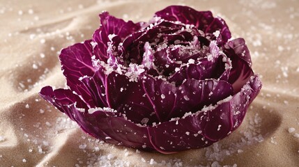 Red cabbage with glistening texture, isolated on a sandy background with sea salt sprinkled