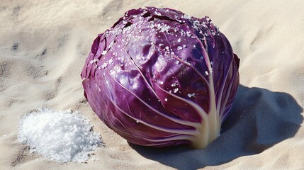 Red cabbage with glistening texture, isolated on a sandy background with sea salt sprinkled