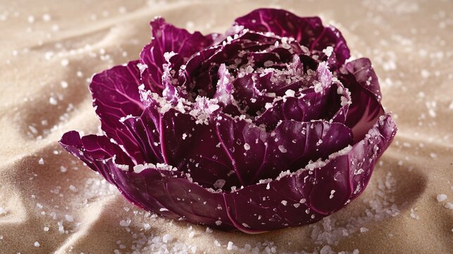 Red cabbage with glistening texture, isolated on a sandy background with sea salt sprinkled