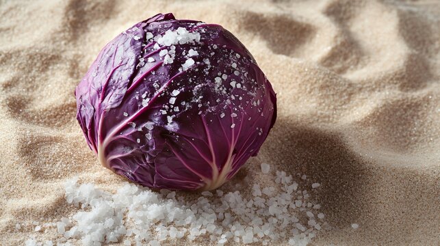 Red cabbage with glistening texture, isolated on a sandy background with sea salt sprinkled