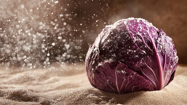 Red cabbage with glistening texture, isolated on a sandy background with sea salt sprinkled
